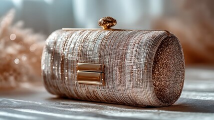 A close-up of a glittering, cylindrical clutch purse with a gold clasp resting on a textured surface in soft lighting.