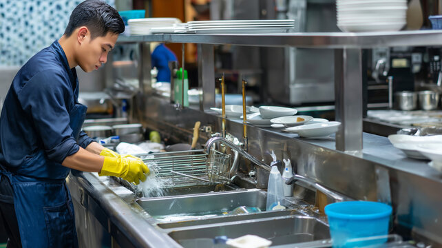 Dedicated Thai restaurant worker engages in kitchen cleanliness