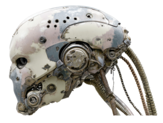 Futuristic robot head display urban setting digital artwork close-up. Isolated on transparent background, png.