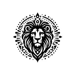 A majestic lion head is displayed in a black and white vector illustration isolated on white background