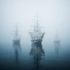 Three sailing ships in a thick fog.