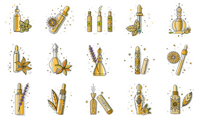 Bottles and vials for aromatherapy icon set for blogs, websites, clipart, wellness, spa, beauty, educational and awareness materials, presentations