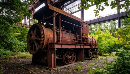 Rusty industrial machine in overgrown area