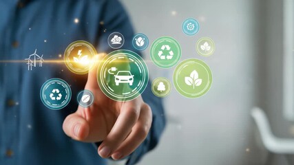 Hand Interacting with Sustainable Energy and Eco-Friendly Technology Icons - Powered by Adobe