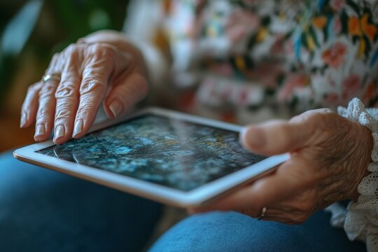 Caregiver or healthcare worker assisting a senior woman patient, using a tablet to explain medical information and providing support in a clinical or home setting, Generative AI