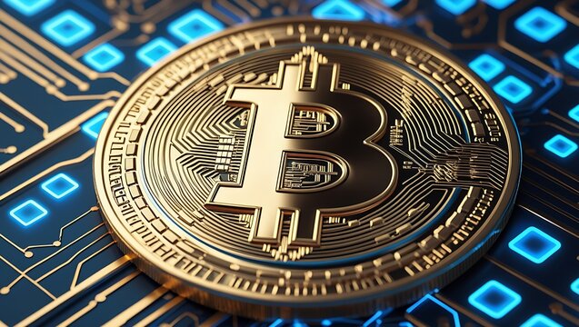 Golden bitcoin cryptocurrency coin on a digital circuit board background