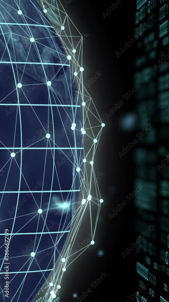 Poster animation of globe with binary coding and data processing over dark background