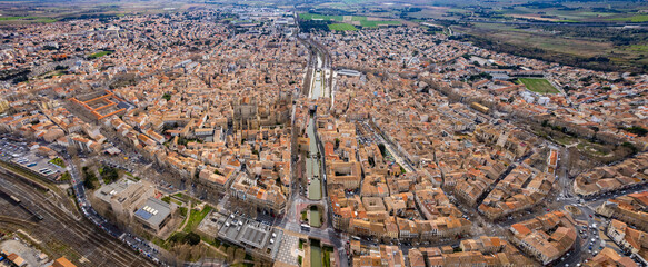 Aerial panorama view of the city Narbonne in France on a sunny autumn day	