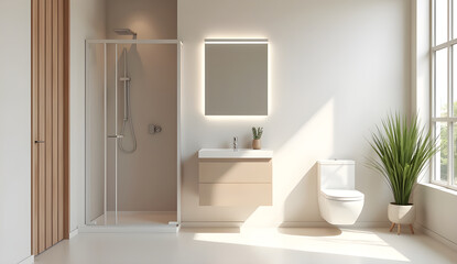 Fototapeta premium 3D Rendering of Compact Small Bathroom Layout with Neutral Colors