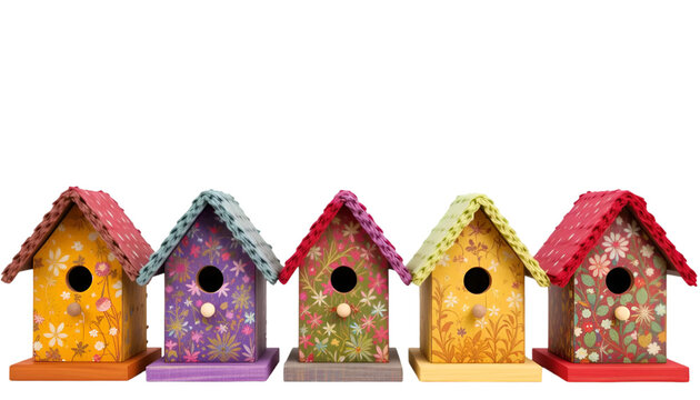 Colorful birdhouse collection decorative garden art handmade bird houses for backyard bird lovers gift against white transparent background