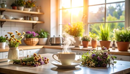 Fototapeta premium Hot Drink with Flowers in Sunny Kitchen Interior