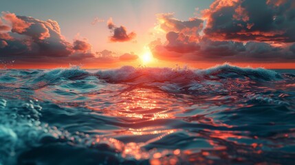 Ocean waves crest under a fiery sunset with cloudy skies, glittering reflections