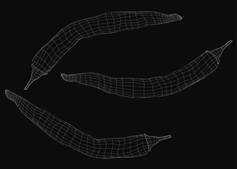 Three 3D chili peppers arranged in a triangular formation on a black background. The central pepper is largest, flanked by two smaller ones
