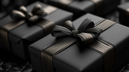 Close-up of several black gift boxes with gold ribbon