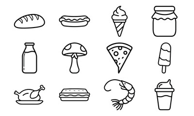 Minimal Line Art Food and Drink Icons – Bread, Hotdog, Ice Cream, Jam Jar, Milk Bottle, Pizza Slice, Mushroom, Popsicle, Chicken, Sandwich, Shrimp, and Beverage in Doodle Style for Menu and Culinary 
