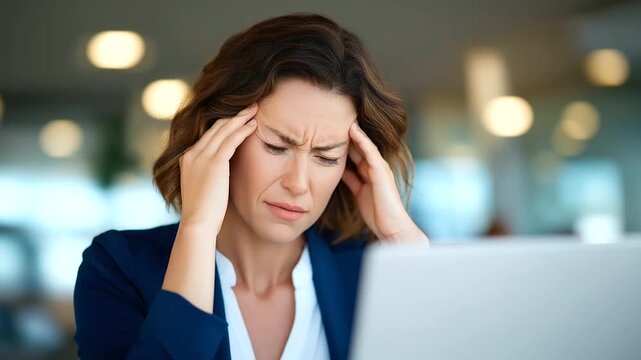 Overwhelmed employee grappling with computer issues in a bustling office environment.