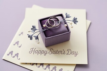 Wedding rings in a box on a happy sisters day card
