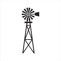 Farm windmill icon, classic American windpump silhouette. Rural agriculture and water pump vector graphic for country logo design. 
