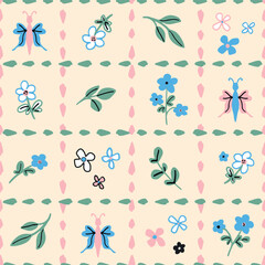 Hand drawn, cute flowers, leaves and butterflies in a dotted grid seamless repeat pattern. Vector botany all over surface print on beige background.