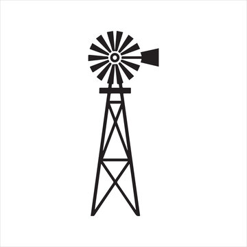 Farm windmill icon, classic American windpump silhouette. Rural agriculture and water pump vector graphic for country logo design.
