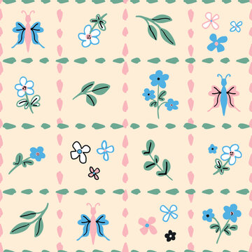 Hand drawn, cute flowers, leaves and butterflies in a dotted grid seamless repeat pattern. Vector botany all over surface print on beige background.