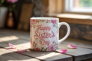 Steaming mug with happy sisters day message and floral design