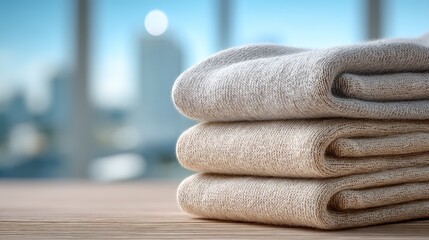 Soft, neatly folded beige towels stacked on a wooden surface with a blurred cityscape background.