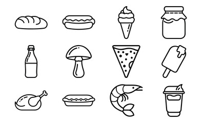 Minimal Line Art Food and Drink Icons – Bread, Hotdog, Ice Cream, Jam Jar, Milk Bottle, Pizza Slice, Mushroom, Popsicle, Chicken, Sandwich, Shrimp, and Beverage in Doodle Style for Menu and Culinary 