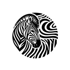 A striking zebra head with bold black and white stripes in a circle