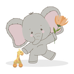 Adorable vector illustration of a smiling elephant holding a flower with a playful toy giraffe beside it. Perfect for children s themes, nursery decor, and playful designs.