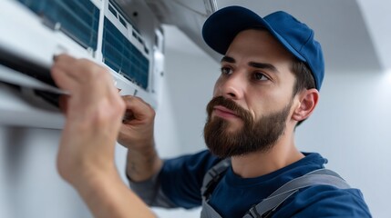 Professional technician servicing air conditioner indoors for optimal performance