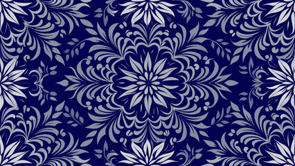 Vector illustration dark blue background with floral ornament Seamless damask wallpaper for Presentations marketing, decks, ads, books covers, Digital interfaces,colours, cyan, damask, elegance,