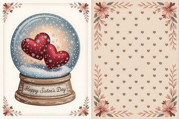 Vintage snow globe with two red hearts and floral border