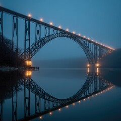 Obraz premium Illuminated bridge arch reflected in calm water at dawn
