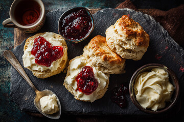 A plate of biscuits with jam and butter is on a table