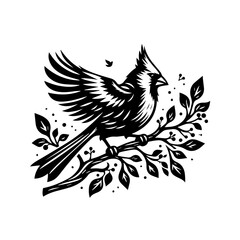 A cardinal perched on a branch with leaves isolated on white