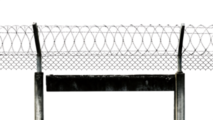 Concrete security fence with barbed wire isolated on a transparent background metal