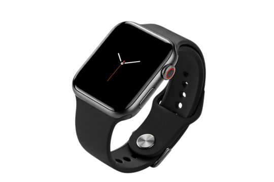 Modern smartwatch with black band and digital display isolated on transparent background