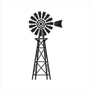 Farm windmill icon, classic American windpump silhouette. Rural agriculture and water pump vector graphic for country logo design.
