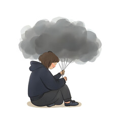 watercolor painting of a person in a black hoodie sitting sadly and holding a cloud above them symbolizing grief, sadness or depression isolated on a transparent background
