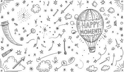 Whimsical Hot Air Balloon Journey Through a Dreamy Sky Filled with Stars and Arrows	