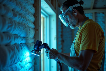 Man insulating a wall. A tradesman in a face shield uses a tool on spray foam insulation inside a house.