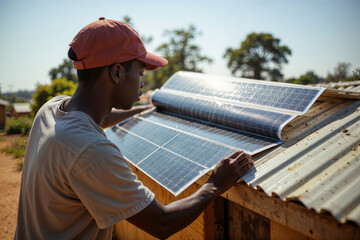 Installing flexible solar panels. A young man installs modern, flexible solar panels on a corrugated roof.