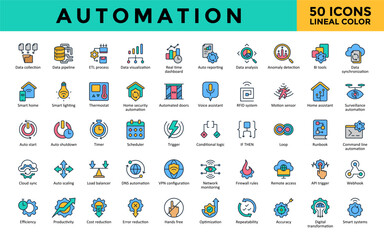 Automation icons set with data collection, data pipeline, etl process, data visualization, real time dashboard, auto reporting, data analysis, anomaly detection icon. Simple lineal color vector 

