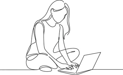 Young woman sitting on floor using laptop computer in minimalist line art style