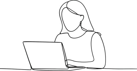 Woman working on a laptop computer in a simple line drawing style