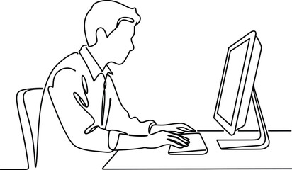 Man working on computer in simple line drawing style