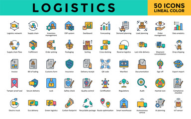 Logistics icons set with logistics network, supply chain, inventory management, erp system, dashboard, forecasting, demand planning, load planning, order management icon. Simple lineal color vector 
