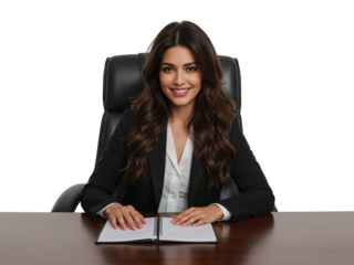 Confident business professional at her desk smiles, ready to tackle upcoming challenges on a