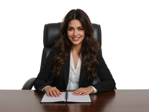 Confident business professional at her desk smiles, ready to tackle upcoming challenges on a